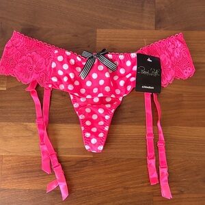 Rene Rofe Hot Pink Polka Dot Lace Garter Thong